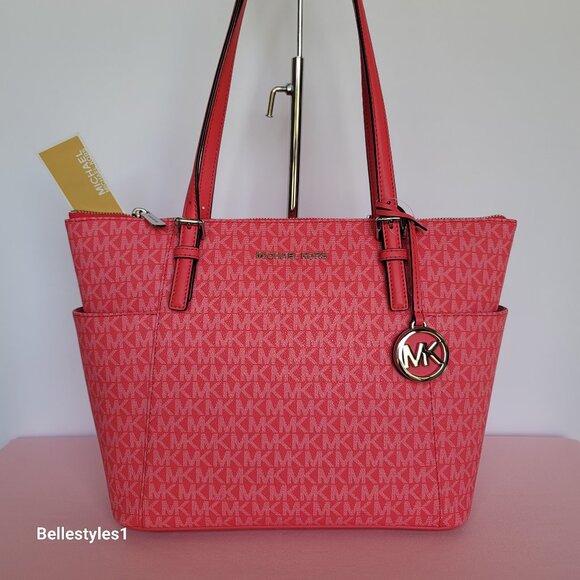 MICHAEL KORS Jet Set East West Top-Zip Signature Logo Tote Bag- Geranium color - Picture 1 of 16